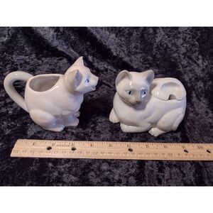 Vintage Henriksen Porcelain Siamese Cat Creamer and Sugar Bowl‎ Set Japan MCM